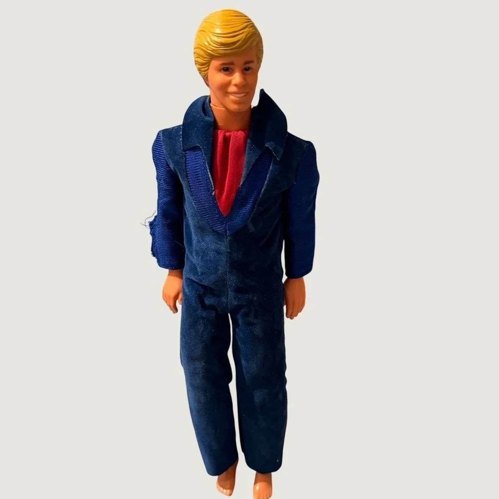 Vintage 1977 Superstar Ken Mattel Blue Velour Jumpsuit Red Collar Complete